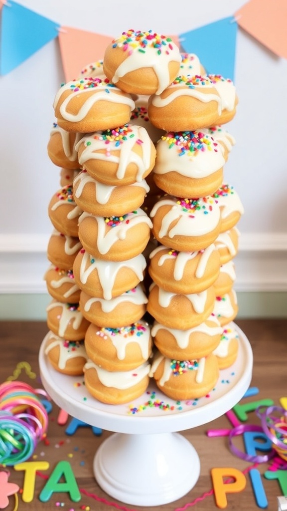 A tall donut hole tower with icing and sprinkles on a cake stand, perfect for celebrations.